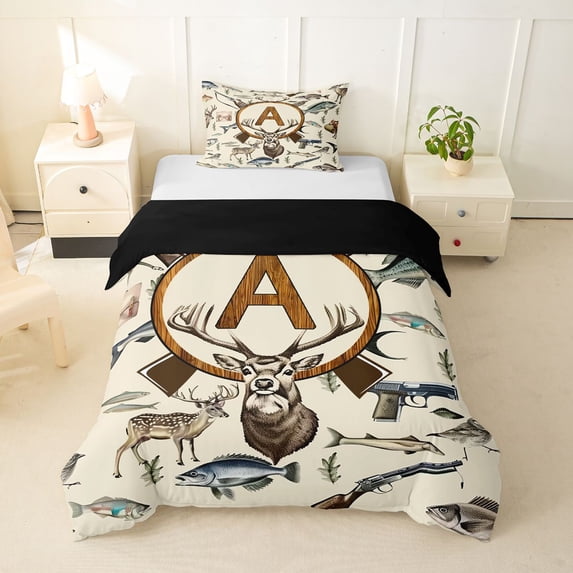 Castle Fairy Fishing And Hunting Wood Letter A Twin Bedding for Boys,Jungle Wildlife Deer Duvet Cover Set,2pcs,No Comforter,Black Reversible