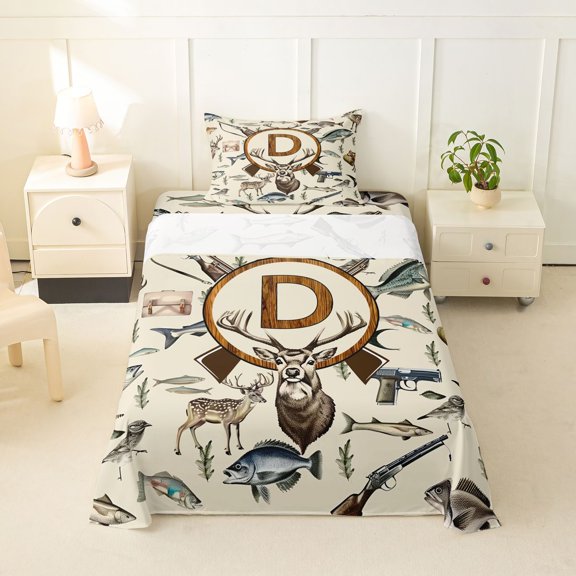 Castle Fairy Hunting Wood Letter D Twin Sheet Sets 3pcs for Boys,Jungle Wildlife Deer Bedding