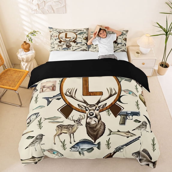 Castle FairyHunting Wood Letter L Queen Duvet Cover Set for Boys,Wildlife Pattern Bedding,3 Pieces,No Comforter,Black Reversible