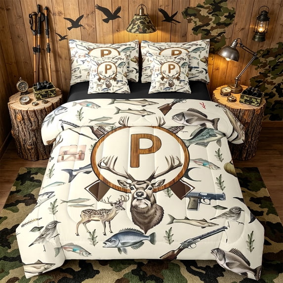 Castle Fairy Hunting Wood Letter P Bedding Comforter Set 7 Pieces for Boys,Wildlife Deer Full Bedding Set,Black Reversible
