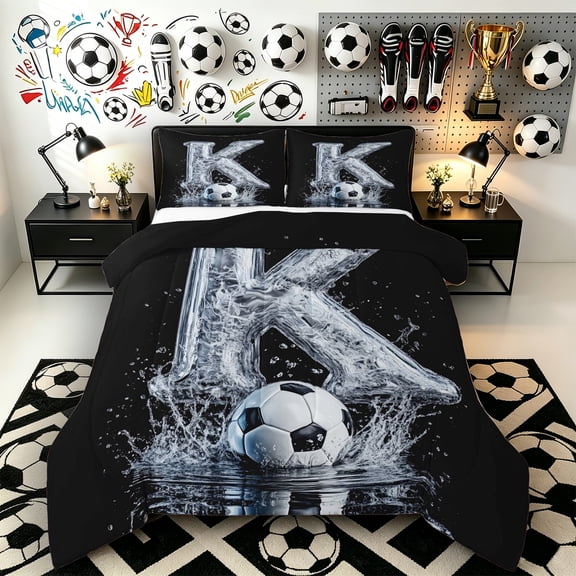 Castle Fairy Ice Letter K Soccer Watercolor Art Queen Comforter Set 3pcs for Boys,Splash Graphic Bedding Comforter Set for Soccer Fans,Black Reversible