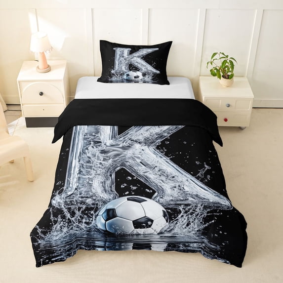 Castle Fairy Ice Letter K Soccer Watercolor Art Twin Bedding for Boys,Splash Graphic Duvet Cover Set for Soccer Fans,2pcs,No Comforter,Black Reversible