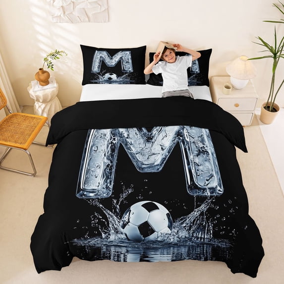 Castle Fairy Ice Letter M Soccer Design Queen Duvet Cover Set for Adults,Splash Watercolor Art Bedding for Sports Fans,3 Pieces,No Comforter,Black Reversible