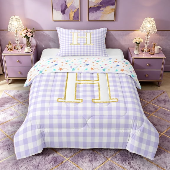 Castle Fairy Lattice Gold Letter H Twin Comforter Sets 3-Piece for Girls,Minimalism Checkered Bedding Set