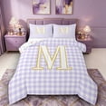thumbnail image 1 of Castle Fairy Lattice Gold Letter M Queen Comforter Set 3pcs for Girls,Minimalist Geometric Grid Bedding Comforter Set, 1 of 6