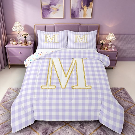 Castle Fairy Lattice Gold Letter M Queen Comforter Set 3pcs for Girls,Minimalist Geometric Grid Bedding Comforter Set