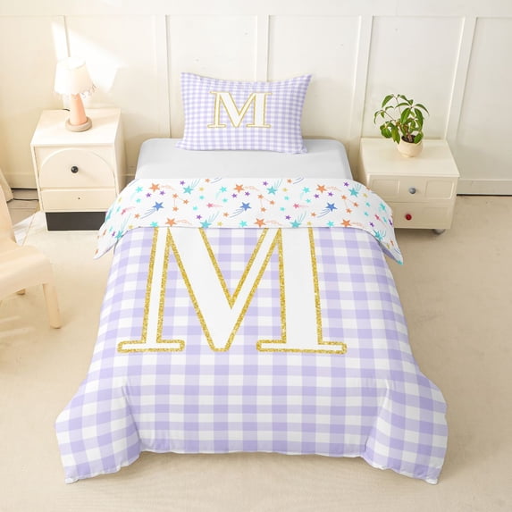 Castle Fairy Lattice Gold Letter M Twin Bedding for Girls,Minimalist Geometric Grid Duvet Cover Set,2pcs,No Comforter