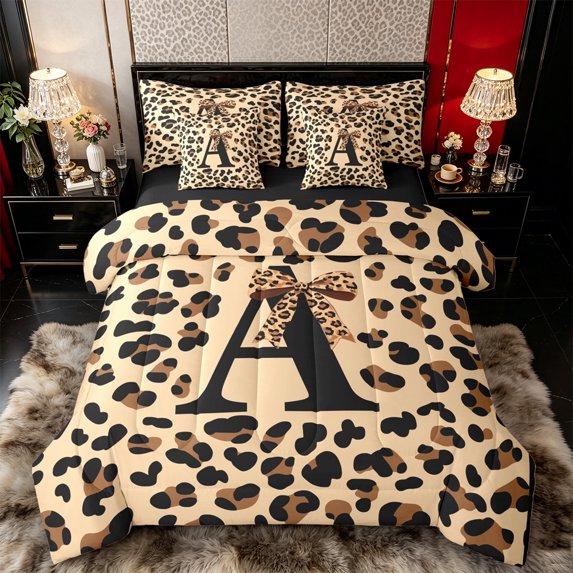 Castle Fairy Leopard Bow Letter A Bedding Comforter Set 7 Pieces for Girls,Animal Cheetah Print Full Bedding Set,Black Reversible