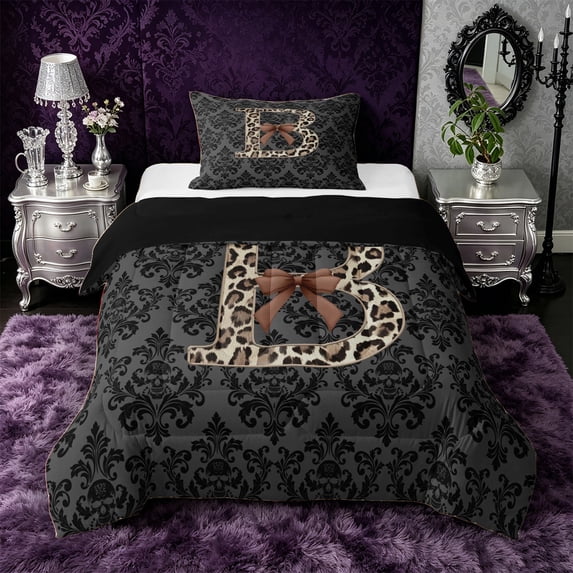 Castle Fairy Leopard Bow Letter B Twin Comforter Sets 3-Piece for Women,Gothic Skull Damask Bedding Set for Stylish Room,Black Reversible