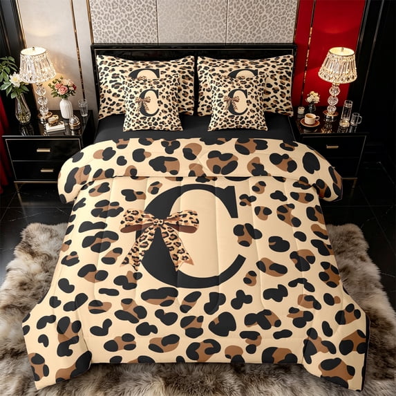 Castle Fairy Leopard Bow Letter C Twin Bedding Sets 7-Piece for Girls,Cheetah Print Bedding Comforter Set,Black Reversible