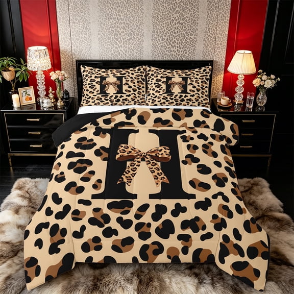 Castle Fairy Leopard Bow Letter H Full Size Comforter Sets 3 Pieces for Girls,Wild Pattern Bedding Sets for Bedroom,Black Reversible