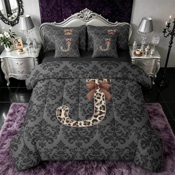 Castle Fairy Leopard Bow Letter J Twin Bedding Sets 7-Piece for Girls,Gothic Spooky Flowers Bedding Comforter Set,Black Reversible