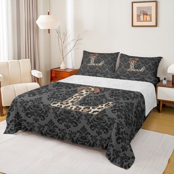 Castle Fairy Leopard Bow Letter L Full Size Sheets 4-Piece for Girls,Gothic Spooky Pattern Bed Sheets