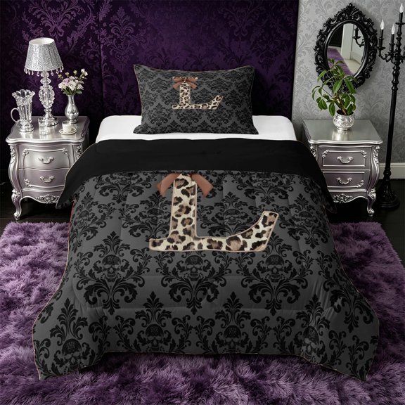 Castle Fairy Leopard Bow Letter L Twin Comforter Sets 3-Piece for Girls,Gothic Spooky Pattern Bedding Set,Black Reversible