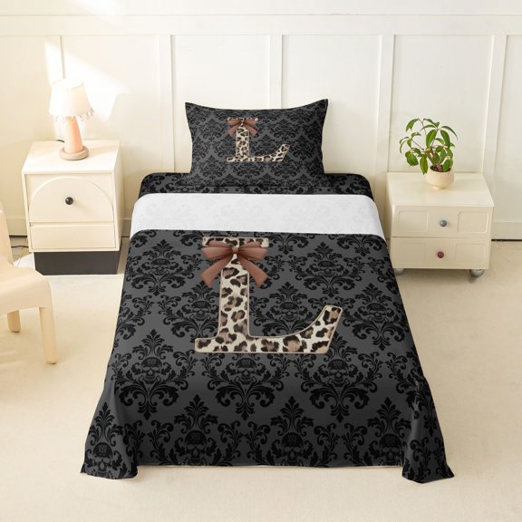 Castle Fairy Leopard Bow Letter L Twin Sheet Sets 3pcs for Girls,Gothic Spooky Pattern Bedding