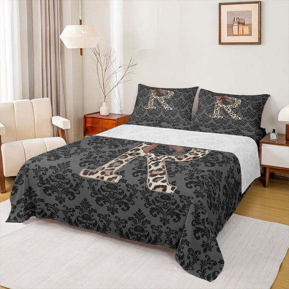 Castle Fairy Leopard Bow Letter R Full Size Sheets 4-Piece for Women,Gothic Skull Damask Bed Sheets