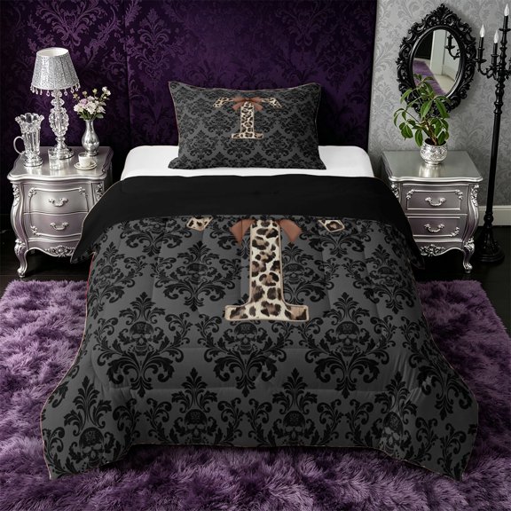 Castle Fairy Leopard Bow Letter T Twin Comforter Sets 3-Piece for Women,Gothic Theme Bedding Set,Black Reversible