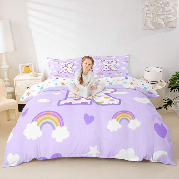Castle Fairy Love Heart Print Letter R Duvet Cover Set for Kids,Cartoon Rainbow Bedding Full,3-Piece,No Comforter