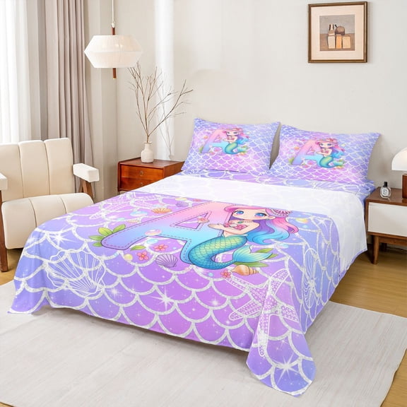 Castle Fairy Mermaid Letter A Full Size Sheets 4-Piece for Kids,Cartoon Sea Princess Bed Sheets