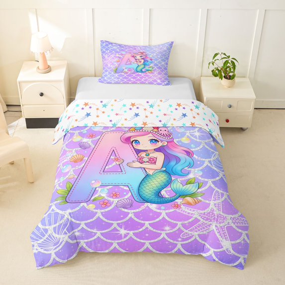 Castle Fairy Mermaid Letter A Twin Bedding for Kids,Cartoon Sea Princess Duvet Cover Set,2pcs,No Comforter