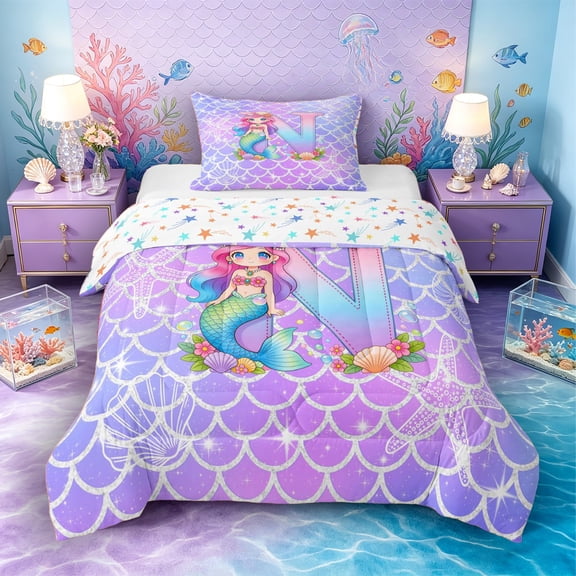 Castle Fairy Mermaid Letter N Twin Comforter Sets 3-Piece for Kids,Sea Princess Bedding Set for Girls