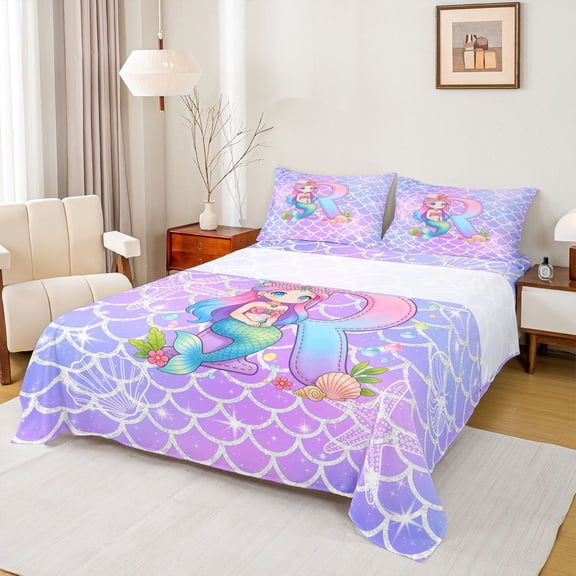 Castle Fairy Mermaid Letter R Full Size Sheets 4-Piece for Kids,Ocean Princess Bed Sheets