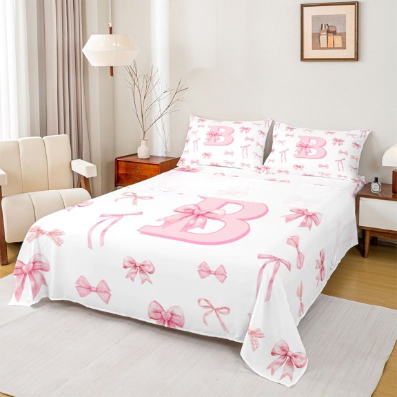 Castle Fairy Pink Bow Letter B Full Size Sheets 4-Piece for Girls,Ribbon Bowtie Princess Bed Sheets