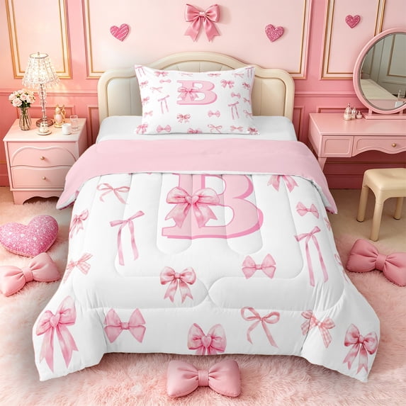 Castle Fairy Pink Bow Letter B Twin Comforter Sets 3-Piece for Girls,Ribbon Bowtie Princess Bedding Set,Pink Reversible
