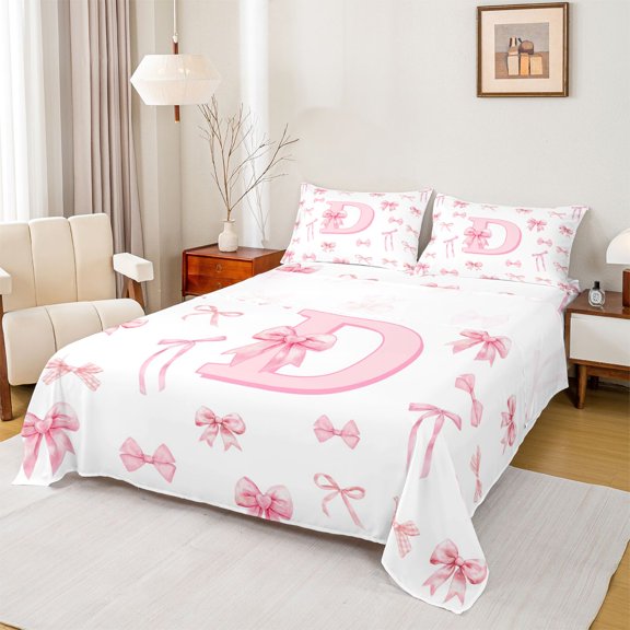 Castle Fairy Pink Bow Letter D Full Size Sheets 4-Piece for Girls,Cartoon Bow Tie Bed Sheets for Bedroom