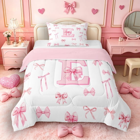 Castle Fairy Pink Bow Letter E Twin Comforter Sets 3-Piece for Girls,Dreamy Princess Bedding Set,Pink Reversible