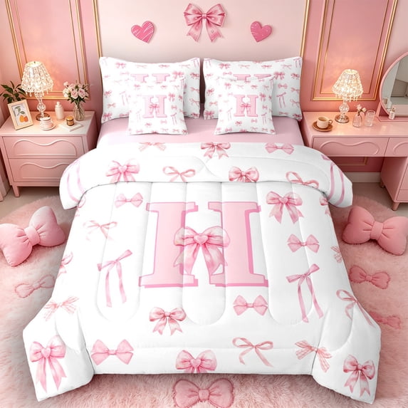 Castle Fairy Pink Bow Letter H Bedding Comforter Set 7 Pieces for Girls,Ribbon Bowknots Full Bedding Set,Pink Reversible