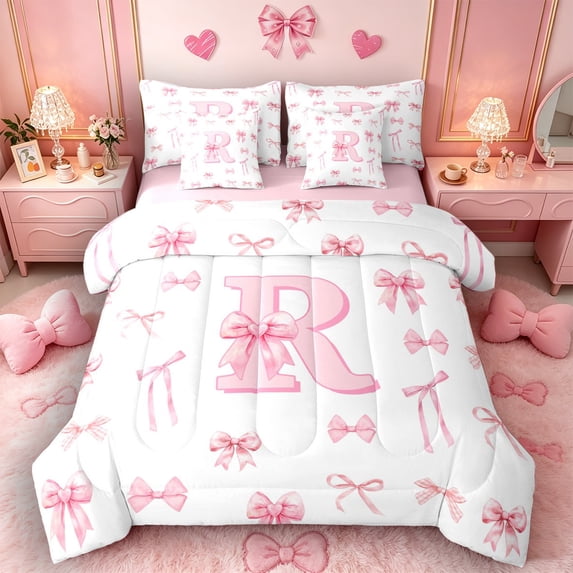 Castle Fairy Pink Bow Letter R Bedding Comforter Set 7 Pieces for Girls,Ribbon Bowtie Princess Full Bedding Set,Pink Reversible