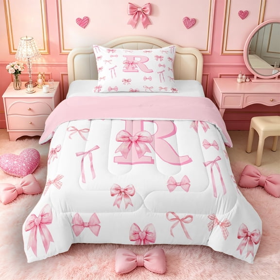 Castle Fairy Pink Bow Letter R Twin Comforter Sets 3-Piece for Girls,Ribbon Bowtie Princess Bedding Set,Pink Reversible