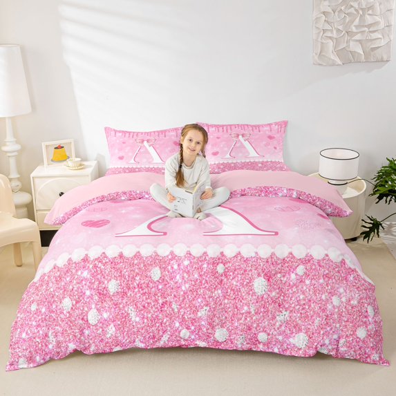 Castle Fairy Pink Glitter Letter A Duvet Cover Set for Girls,Cartoon Bow Bedding Full,3-Piece,No Comforter,Pink Reversible
