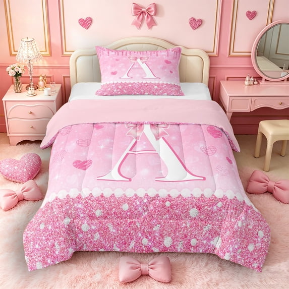 Castle Fairy Pink Glitter Letter A Twin Comforter Sets 3-Piece for Girls,Cartoon Bow Bedding Set,Pink Reversible