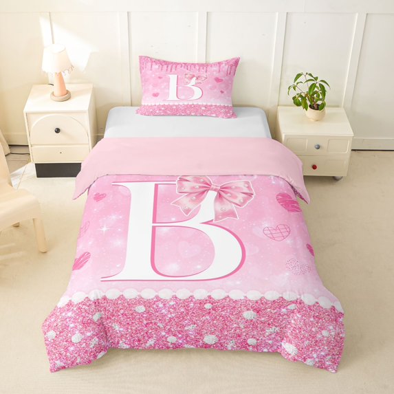 Castle Fairy Pink Glitter Letter B Twin Bedding for Girls,Love Heart Print Duvet Cover Set,2pcs,No Comforter,Pink Reversible
