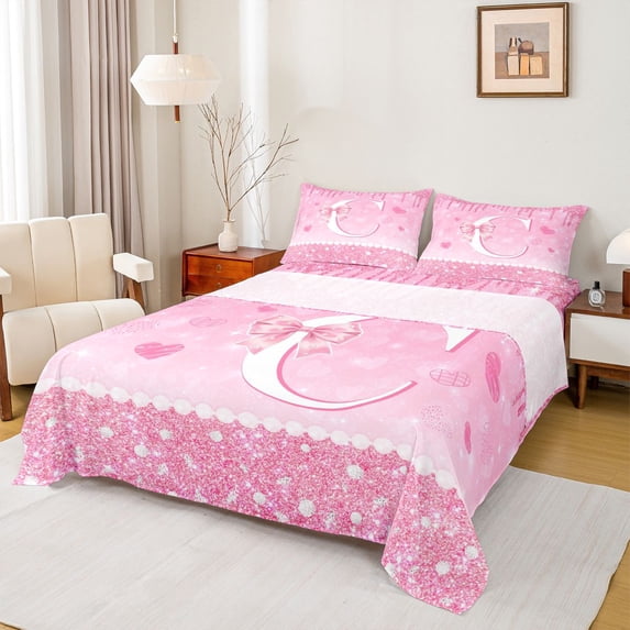 Castle Fairy Pink Glitter Letter C Full Size Sheets 4-Piece for Girls,Princess Pearl Bow Bed Sheets
