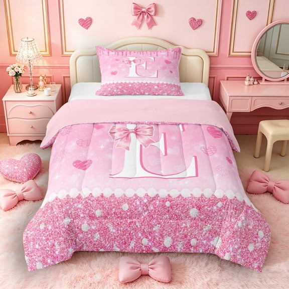 Castle Fairy Pink Glitter Letter E Twin Comforter Sets 3-Piece for Girls,Sparkle Pattern Bedding Set,Pink Reversible