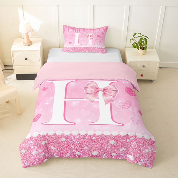 Castle Fairy Pink Glitter Letter H Twin Bedding for Girls,Love Heart Bow Print Duvet Cover Set,2pcs,No Comforter,Pink Reversible