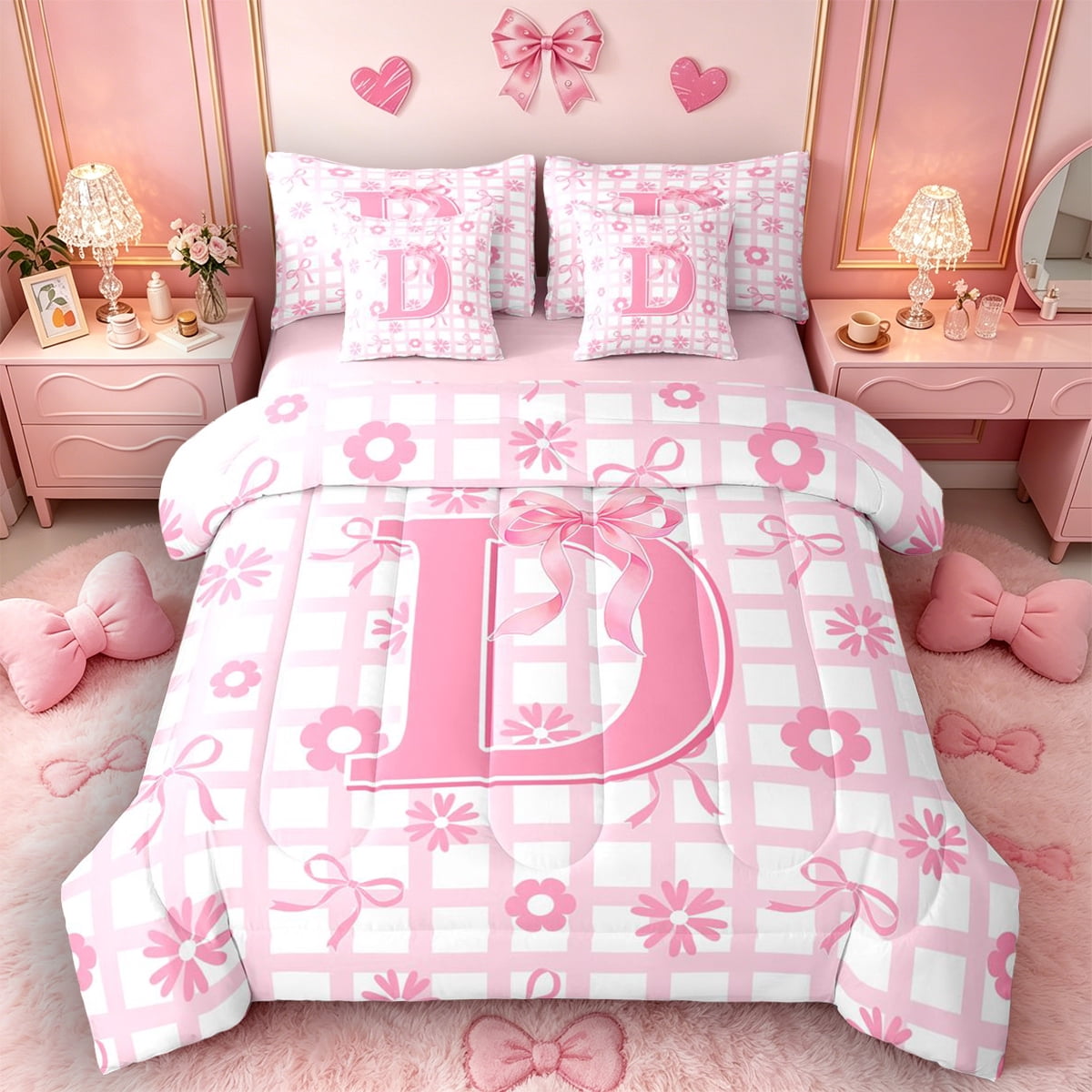 Castle Fairy Pink Grid Letter D Twin Bedding Sets 7-Piece for Girls ...