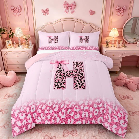 Castle Fairy Pink Leopard Bow Letter H Queen Comforter Set 3pcs for Girls,Glitter Pattern Bedding Comforter Set,Pink Reversible