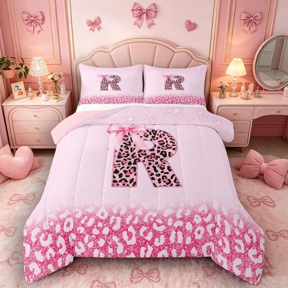 Castle Fairy Pink Leopard Bow Letter R Full Size Comforter Sets 3 Pieces for Girls,Kawaii Ribbon Bow Tie Bedding Sets,Pink Reversible