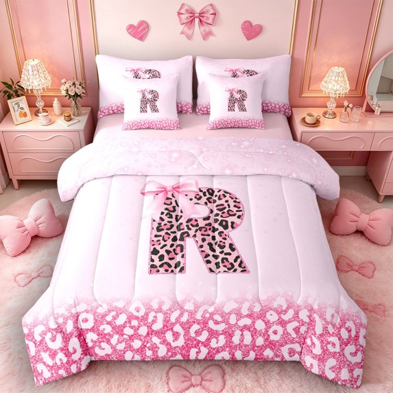Castle Fairy Pink Leopard Bow Letter R Twin Bedding Sets 7-Piece for Girls,Kawaii Ribbon Bow Tie Bedding Comforter Set,Pink Reversible