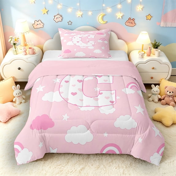 Castle Fairy Pink Rainbow Letter C Twin Comforter Sets 3-Piece for Girls,Cartoon Theme Bedding Set for Kids,Pink Reversible