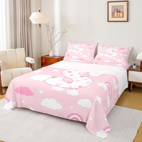 Castle Fairy Pink Rainbow Letter S Full Size Sheets 4-Piece for Girls,Sweet Pattern Bed Sheets for Kids