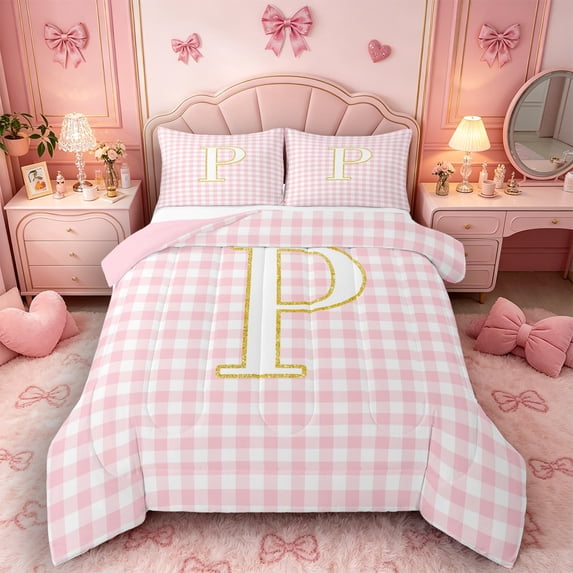 Castle Fairy Plaid Gold Letter P Full Size Comforter Sets 3 Pieces for Girls,Geometric Checkered Bedding Sets,Pink Reversible