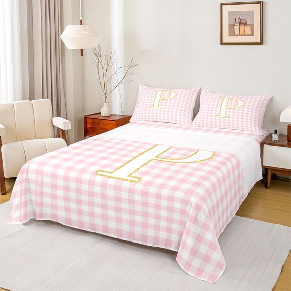 Castle Fairy Plaid Gold Letter P Full Size Sheets 4-Piece for Girls,Geometric Checkered Bed Sheets