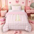thumbnail image 1 of Castle Fairy Plaid Gold Letter T Twin Comforter Sets 3-Piece for Girls,Minimalist Geometric Grid Bedding Set,Pink Reversible, 1 of 6