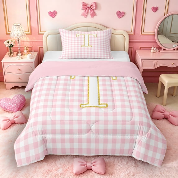 Castle Fairy Plaid Gold Letter T Twin Comforter Sets 3-Piece for Girls,Minimalist Geometric Grid Bedding Set,Pink Reversible
