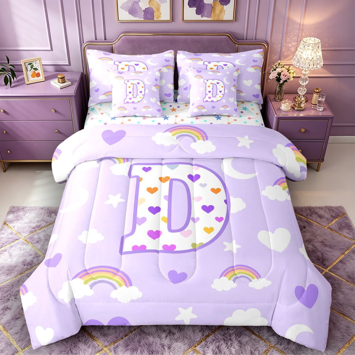 Castle Fairy Rainbow Letter D Bedding Comforter Set 7 Pieces for Kids ...